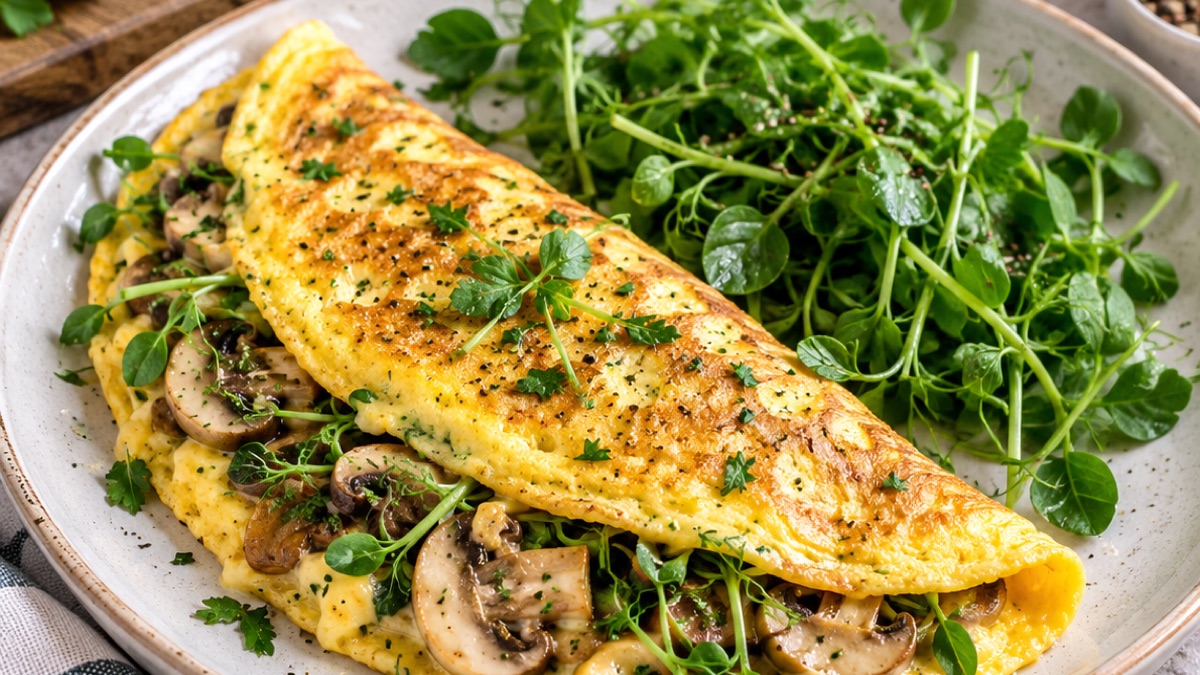 Omelette aux Champignons et Jeunes Pousses, recette du pôle santé A.WAY à Quetigny près de Dijon.
