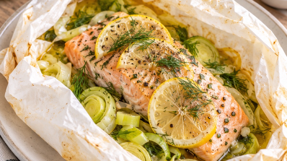 Papillote de Saumon aux Poireaux et Citron, recette du pôle santé A.WAY à Quetigny près de Dijon.